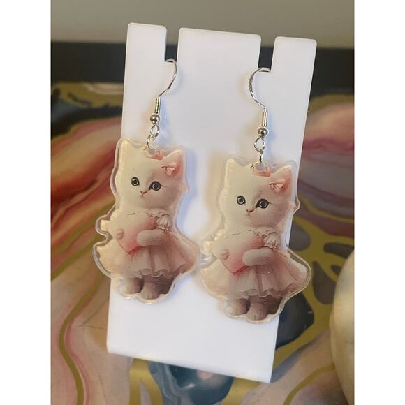 No brand Jewelry - Pink bow witch hat kittens earrings 925 sterling silver